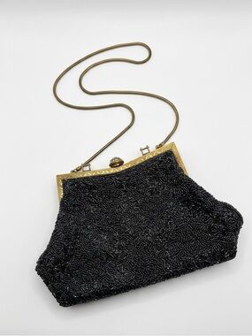 Vintage Blue Beaded Evening Bag with Brass Frame- Victorian Revival